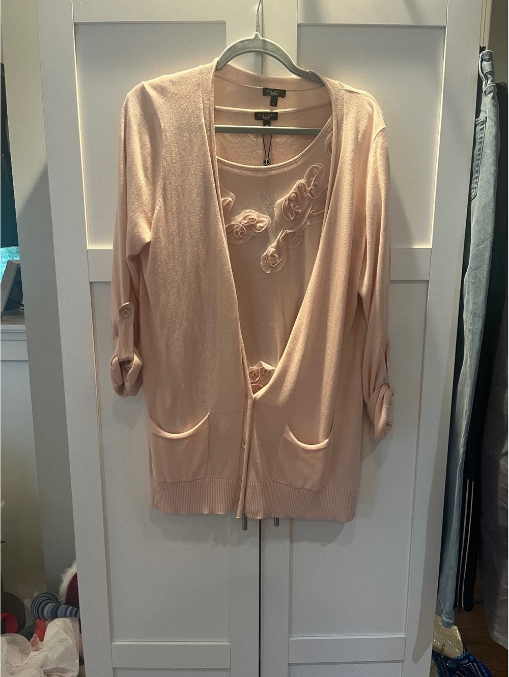 Women’s Light Pink Two-Piece Cardigan and Embroidered Top Set